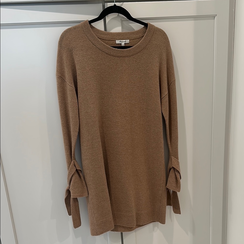 Tan Sweater Dress with tie bows at the end of sleeves